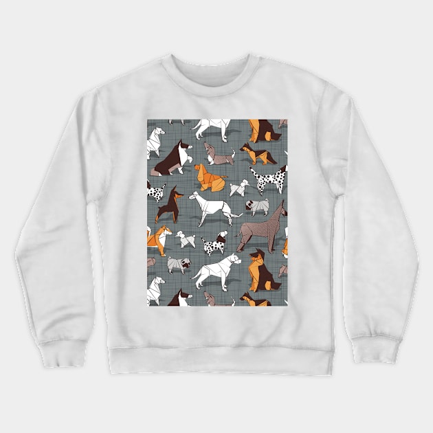 Origami doggie friends II // pattern // grey green linen texture background paper dogs Crewneck Sweatshirt by SelmaCardoso